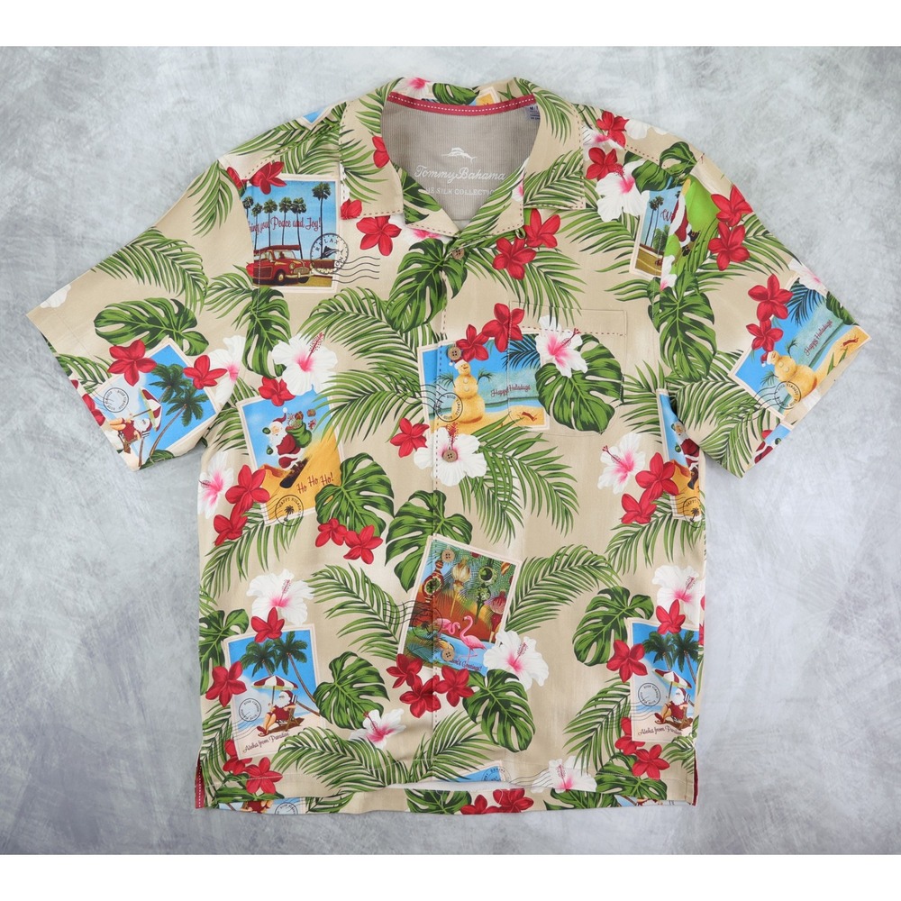 Tommy Bahama Silk Postcard Shirt Mens Medium Tan Christmas Tropical Short Sleeve